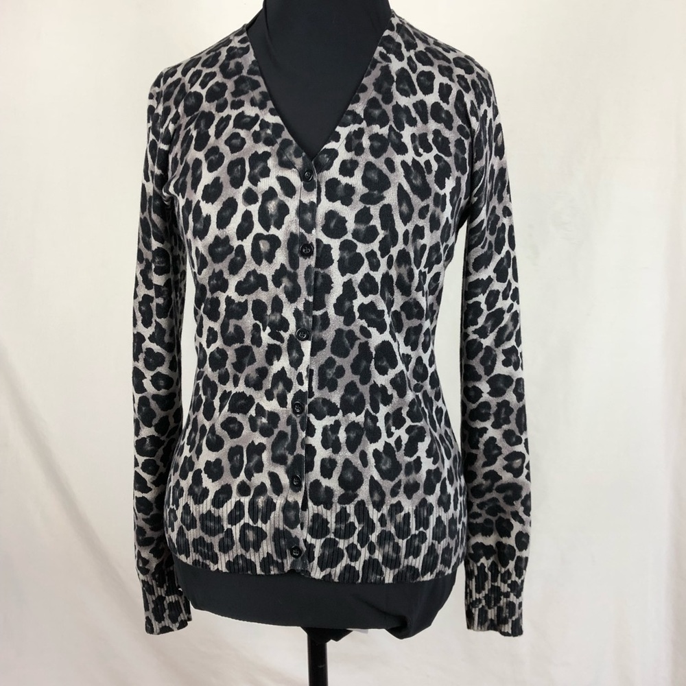 St Johns Bay Womens Cardigan Gray Animal Print SzM